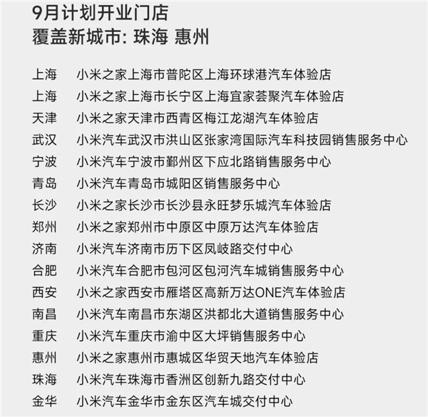 小米汽车9月计划新增16家新门店：首次进入珠海、惠州