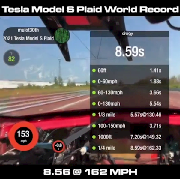 比小米SU7还快！特斯拉Model S P刷新电动汽车加速纪录