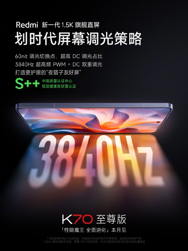 夜猫子友好屏！Redmi K70至尊版屏幕进化：3840Hz超高频PWM+DC双调光