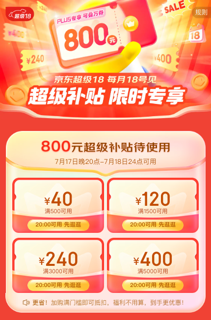 可叠万券：京东超级18 PLUS领800元超级补贴、200减20优惠券